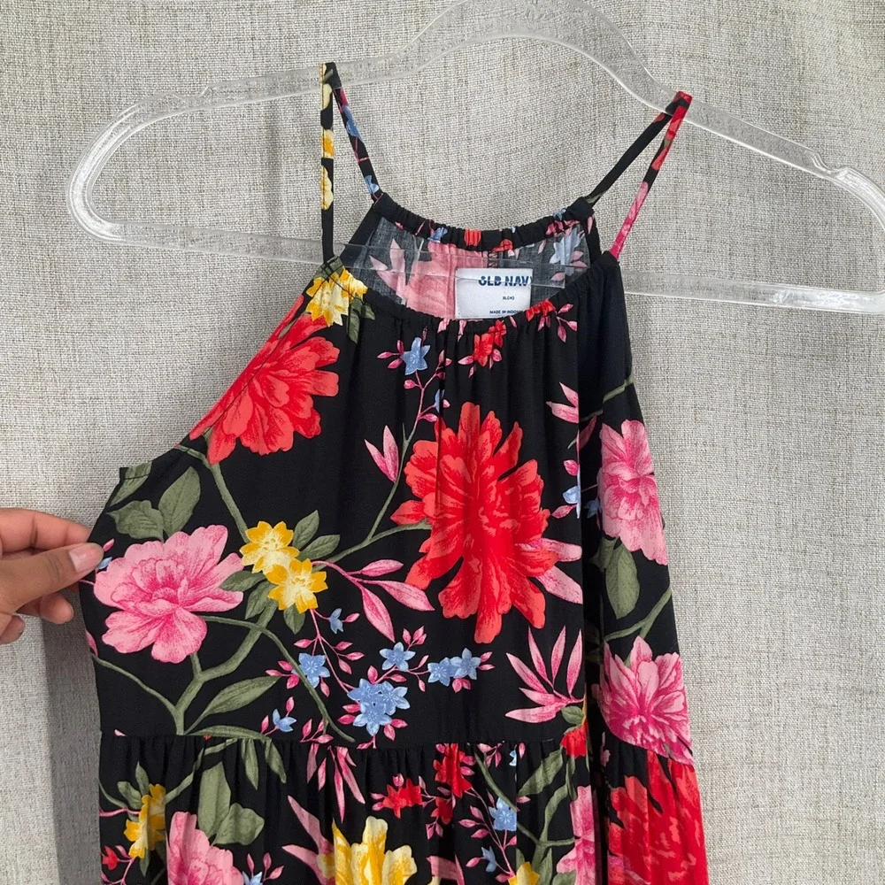 Old Navy Dress Girls XL 14 Black Floral‎ Boho Halter Summer Tropical Sleeveless
